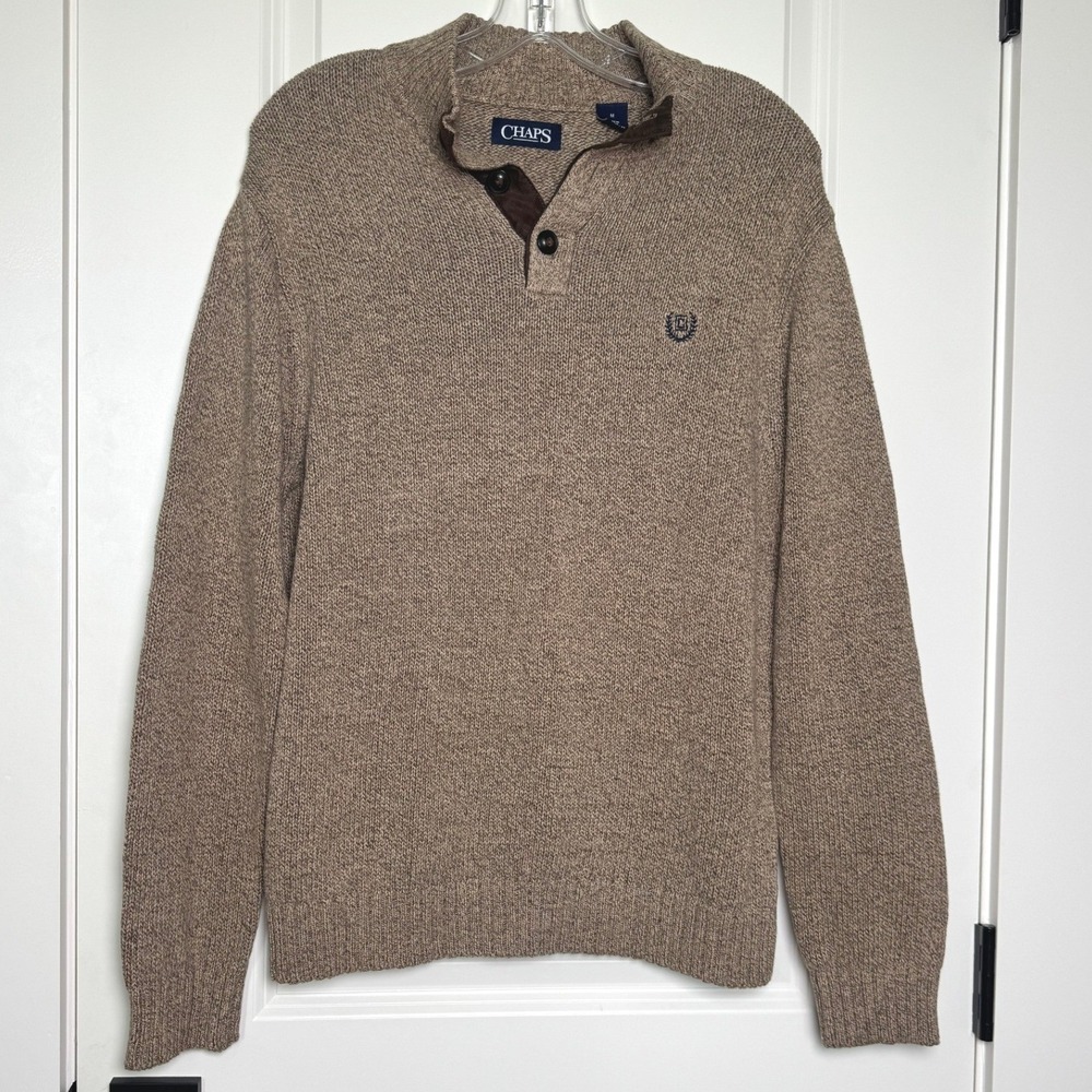 Chaps Mens Tan Marled Mock Neck Button Pullover Sweater Elbow Patches Size M